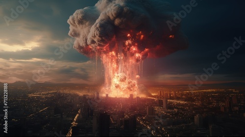 fiery explosion in a large modern city as seen from a drone. fire mushroom in the dark sky. concept of destruction, explosions, war, attack