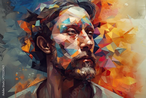 Bold strokes of acrylic paint bring to life the intricate details of a modern man's bearded and mustached face in this stunning portrait, showcasing the power and beauty of visual arts
