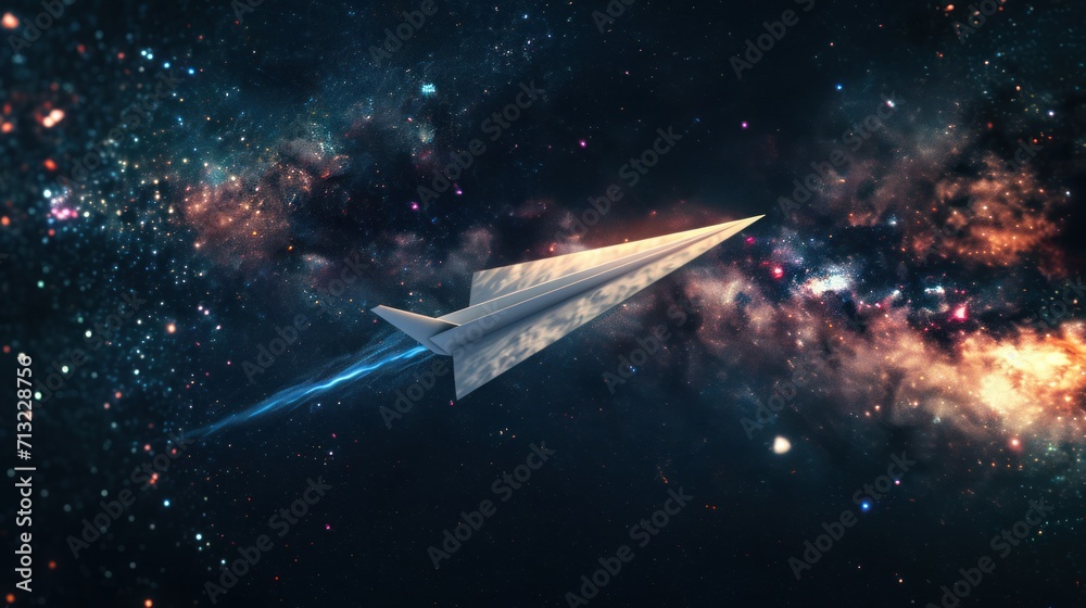 on dark blue background a paper airplane in space flies among the universe and stars. space concept, technology, ideas, creative, airplanes on dark blue background a paper airplane in space flies among the universe and stars. space concept, technology, ideas, creative, airplanes