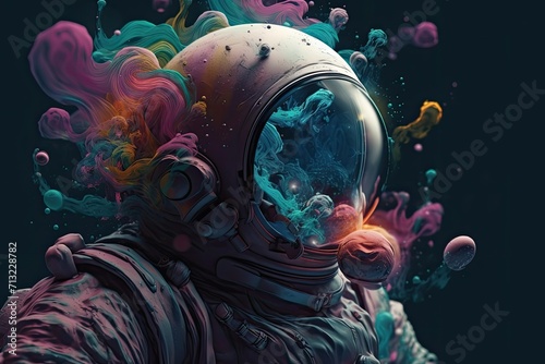 An adventurous astronaut explores a vibrant underwater world, surrounded by a whimsical reef and enveloped in a rainbow of swirling smoke