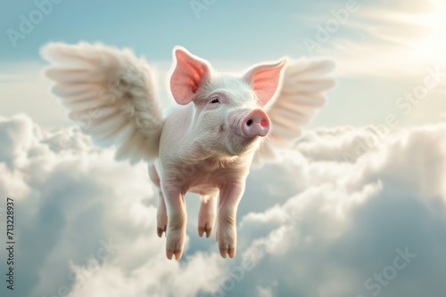 Flying pig with wings in the sky.
