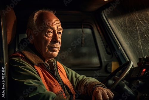 A rugged man in a vintage car, his face lined with wrinkles, gazes thoughtfully at the bustling street outside © Vladan