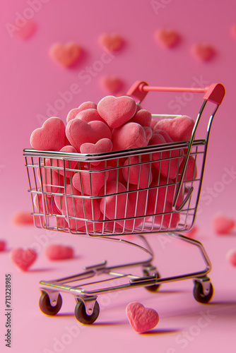 Valentine's day background with red hearts in shopping cart. Holiday concept