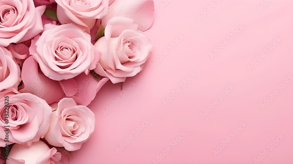 Pink fabric rose vintage on pink background, beautiful roses on pink paper background.