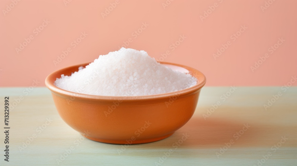 banner with copy space sugar salt or white free-flowing powder against a background of peach monochromatic color. concept products, health, diet, veganism