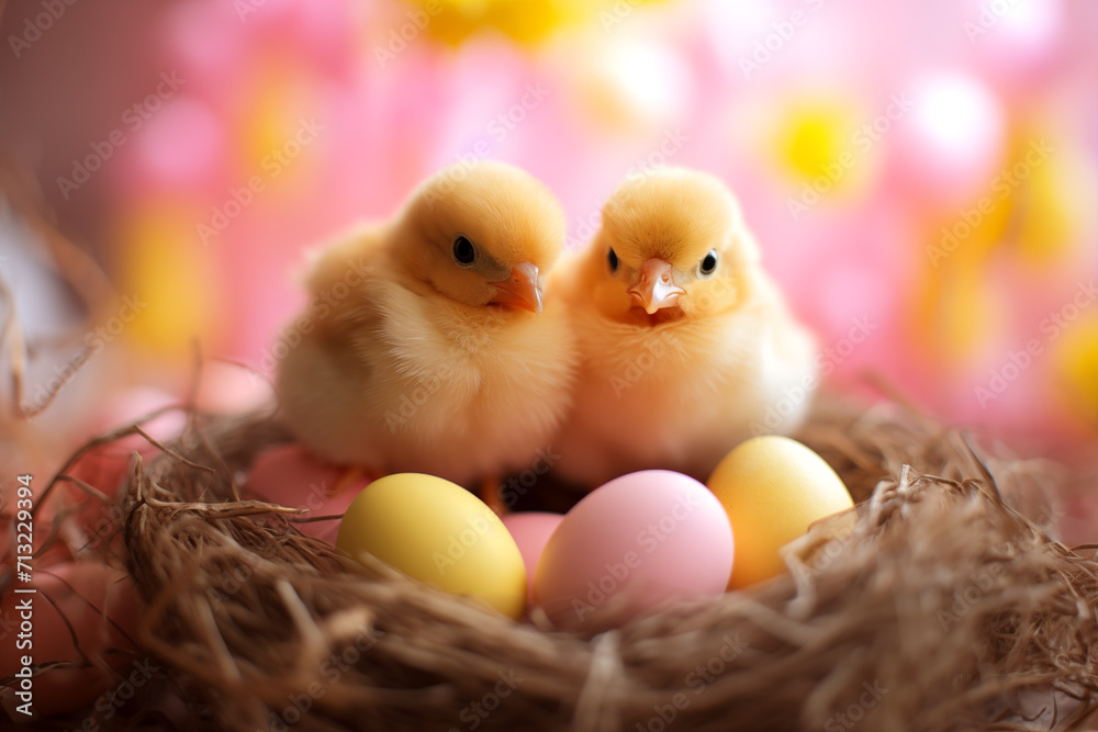 Two yellow chicks in nest with Easter eggs. Easter greeting card