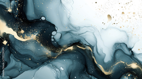Indigo blue alcohol ink painting on white background. Dramatic fluid art background with gold streaks