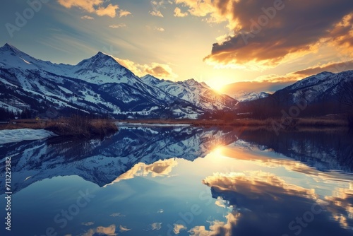 Sunset in the mountains at a calm lake. Generative AI © Zero Zero One