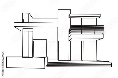 modern house One continuous line drawing. Flat roof house or commercial building. isolated on white background. Vector illustration 
