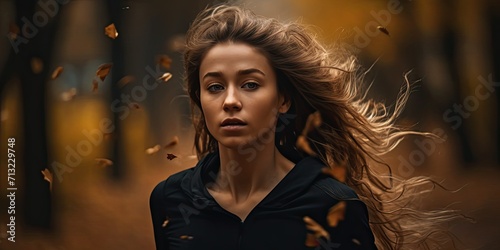 A carefree woman embraces the power of nature, her windswept hair a symbol of freedom and adventure in this stunning outdoor portrait shoot