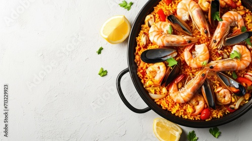 spanish paella on a white background top view with space for text. concept food, traditions, seafood, veganism
