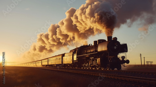 a steam locomotive pulling a train on tracks, emitting smoke against a backdrop of a clear sky.