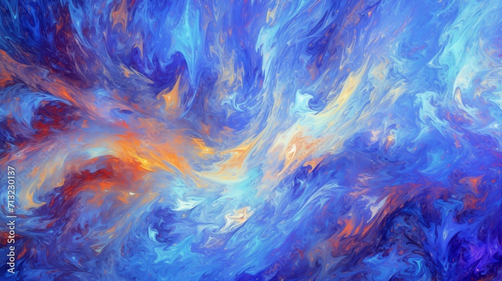 Abstract Blue, Orange, and Yellow Swirls Fluid Acrylic Painting Texture Background Illustration