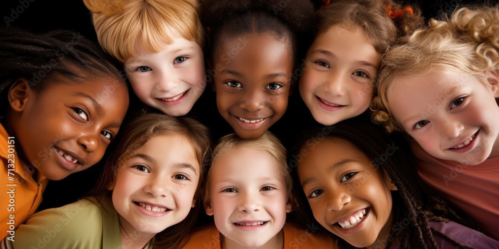 Joyful youth radiates from a group of diverse children as they beam with genuine smiles, showcasing their close bond and carefree nature while dressed in colorful clothing, capturing the innocence an Joyful youth radiates from a group of diverse children as they beam with genuine smiles, showcasing their close bond and carefree nature while dressed in colorful clothing, capturing the innocence an