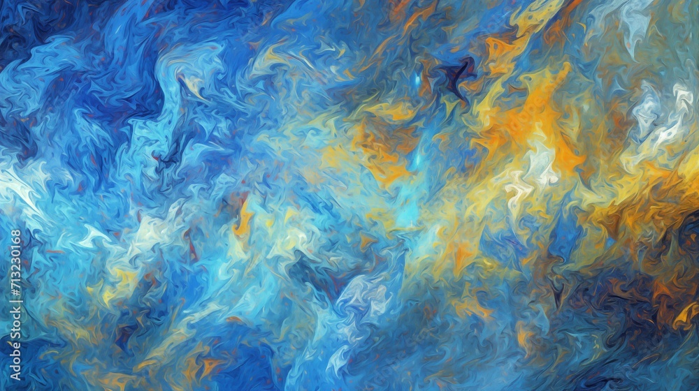 Abstract Blue, Orange, and Yellow Liquid Ink Flow Marble Painting Texture Background