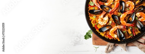 banner spanish paella on a white background top view with space for text. concept food, traditions, seafood, veganism photo