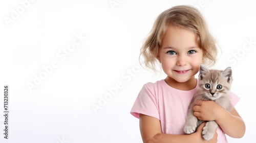 joyful child with baby cat isolated over white background