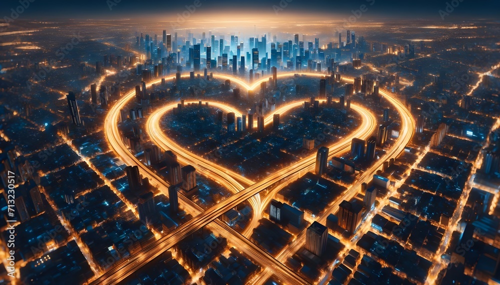 Fototapeta premium The image captures a night view of a city with its highways lit up in golden lights, forming a heart shape around a dense cluster of skyscrapers.