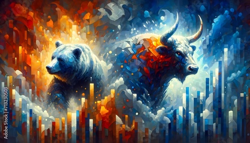The image portrays a bear and a bull facing each other, superimposed on a backdrop of stylized financial bar charts, symbolizing the stock market's rise and fall in a vibrant color palette photo