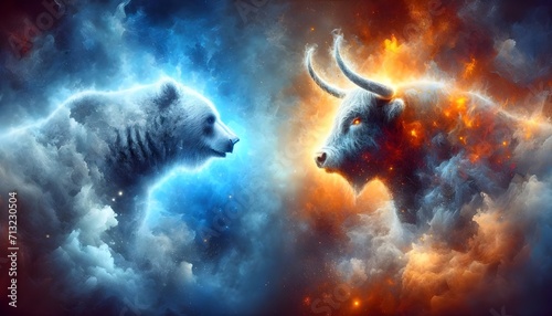 The image shows a cosmic confrontation between a bear made of stars and ice on the left and a fiery bull on the right, both set against a nebula-like background.