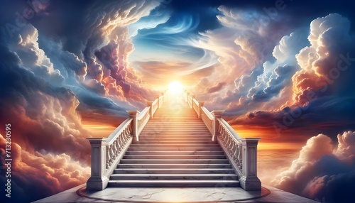 Fotografia The image depicts an ethereal marble staircase ascending towards a luminous, divine light, flanked by dramatic, swirling clouds in a breathtaking sky