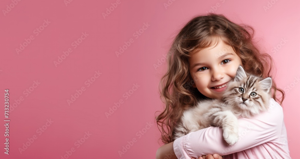 Happy child girl with baby cat isolated over pink background