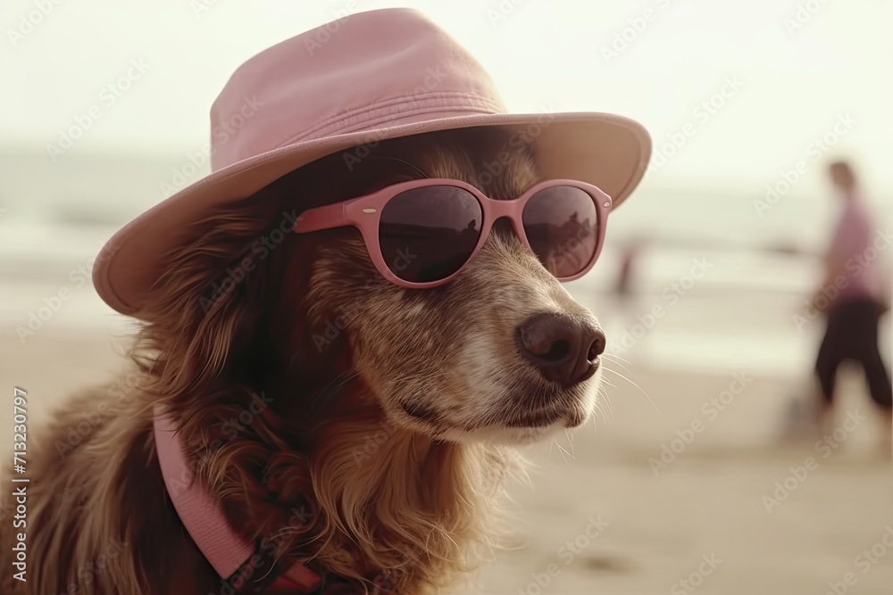 A stylish dog confidently rocks a hat and sunglasses, mirroring its fashionable owner while lounging on the beach with a pair of cool goggles nearby
