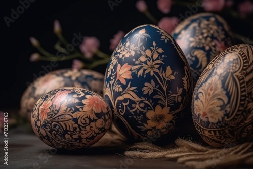 Vibrant spheres of easter joy adorn the indoor still life, each egg uniquely crafted with delicate details and lively colors, evoking feelings of springtime bliss and artistic wonder