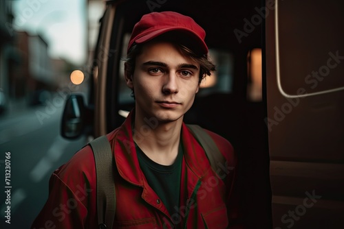 A striking portrait of a stylish man, wearing a bold red jacket and hat, standing confidently on a busy street corner next to his trusty land vehicle