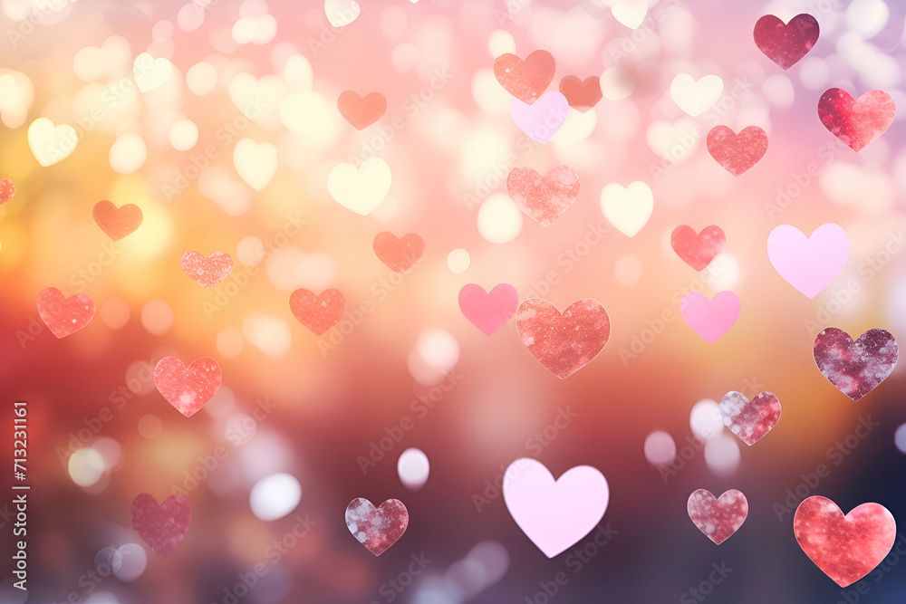 Colorful hearts bokeh background. valentines day concept