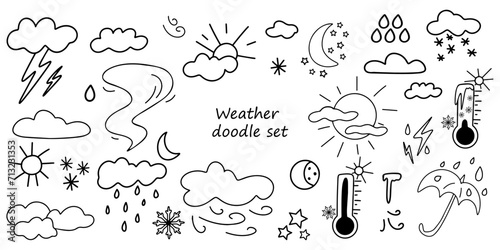 Set of icons for the weather forecast in the doodle style. Simple hand-drawn weather icons. Black and white doodles of sunny, rainy, foggy, cloudy, windy weather and thunderstorms
