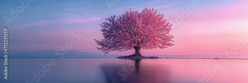 Einsamer Kirschblütenbaum am See in idyllischer Morgenstimmung, Generative AI photo