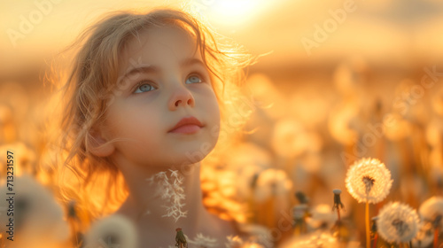a beautiful girl, a child up to her neck in a field with dandelions, looks up, and the sunlight from the sunset is visible behind her