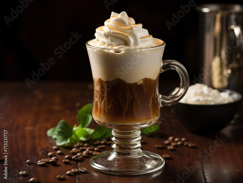 A close-up image of an Irish Coffee topped with a generous amount of whipped cream.