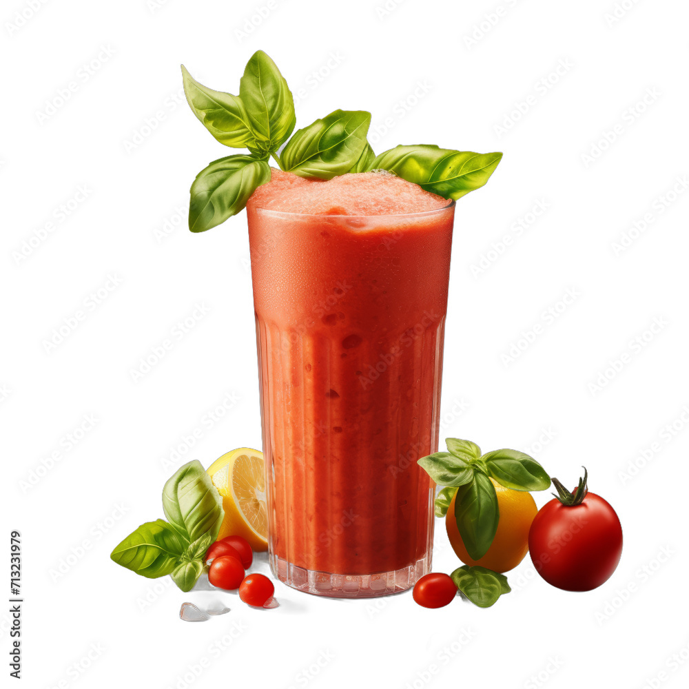 Tomato Basil Twist Smoothie: Tomatoes, Basil Leaves, Carrot, Cucumber, Ice isolated on transparent background Tomato Basil Twist Smoothie: Tomatoes, Basil Leaves, Carrot, Cucumber, Ice isolated on transparent background