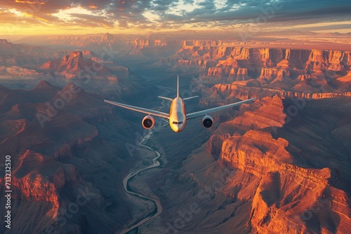 Commercial airplane flying above the Grand Canyon, Arizona, USA. Travel Grand Canyon national park aerial view