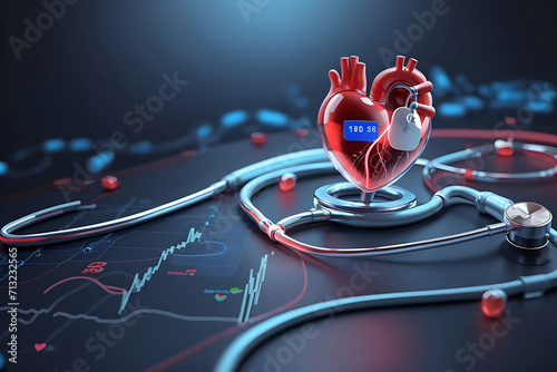 futuristic medical research or heart cardiology health care with diagnosis vitals infographic biometrics for clinical and hospital stethoscopes design and catheter services as wide banner design. photo