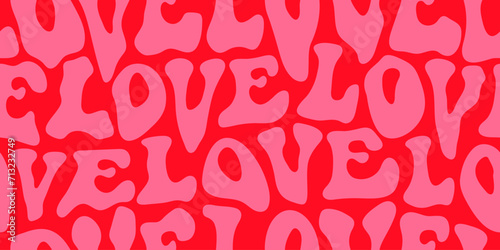 Love text quote seamless pattern illustration in retro 70s style. Cute romantic background wallpaper print. Valentine's day handwritten 1970s texture photo
