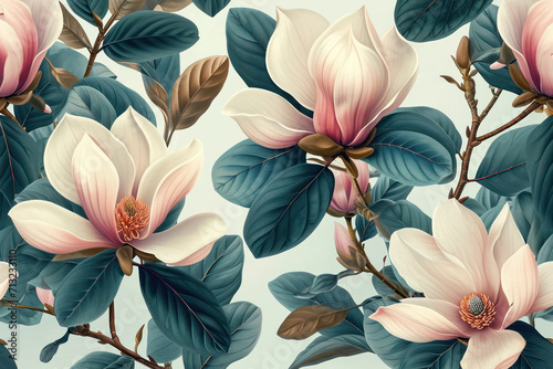 Floral Beauty: Magnolia Blossom Illustration on Seamless Vintage Wallpaper, capturing the Elegant and Romantic Essence of Spring"