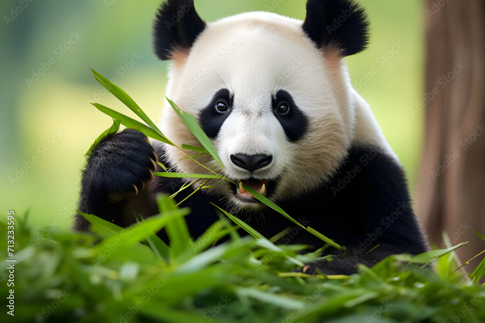 Naklejka premium A panda chewing on bamboo