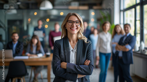 a beautiful woman in a business suit, arms crossed over her chest, smiling sincerely in the office, with her colleagues, team or students standing behind her © MYKHAILO KUSHEI