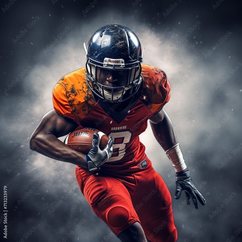 American football player in action on a dark background. Studio shot.AI.