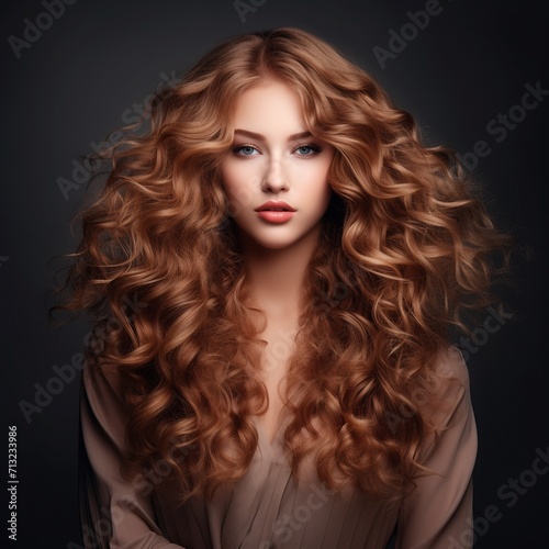 Portrait of beautiful woman with long curly hair. Hairstyle.AI.