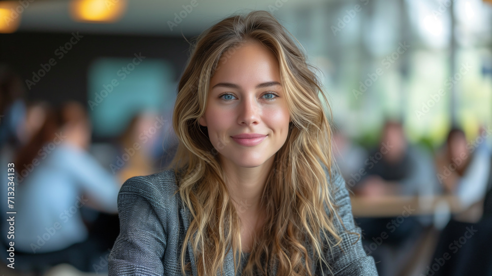 portrait of a cute beautiful young woman with a grateful and happy expression in a business jacket in a room where there are some people maybe family or colleagues