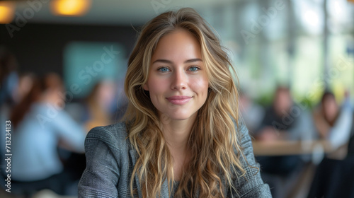 portrait of a cute beautiful young woman with a grateful and happy expression in a business jacket in a room where there are some people maybe family or colleagues