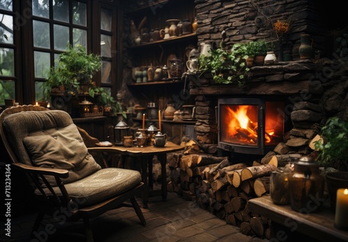 A cozy room with a rustic stone fireplace, wooden furniture, and a warm woodburning stove, featuring a comfortable chair by the hearth and a coffee table for indoor relaxation