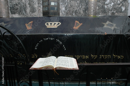 Interior view of the tomb of King David with open book of psalms on Mount Zion in Jerusalem, Israel.