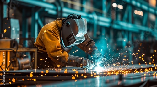 A team of welders working on an arc weld metal junction in a heavy industry, space, Generative AI. photo