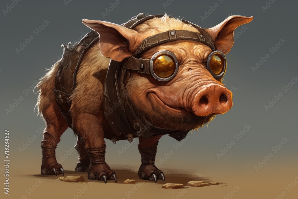 A daring domestic pig embraces its adventurous side, donning a leather harness and goggles as it takes to the ground with determination and courage
