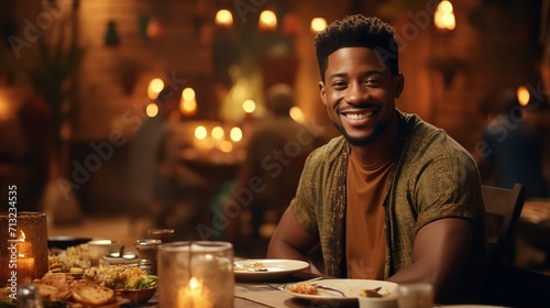 African man in a restaurant, enjoying her food, Generative AI.